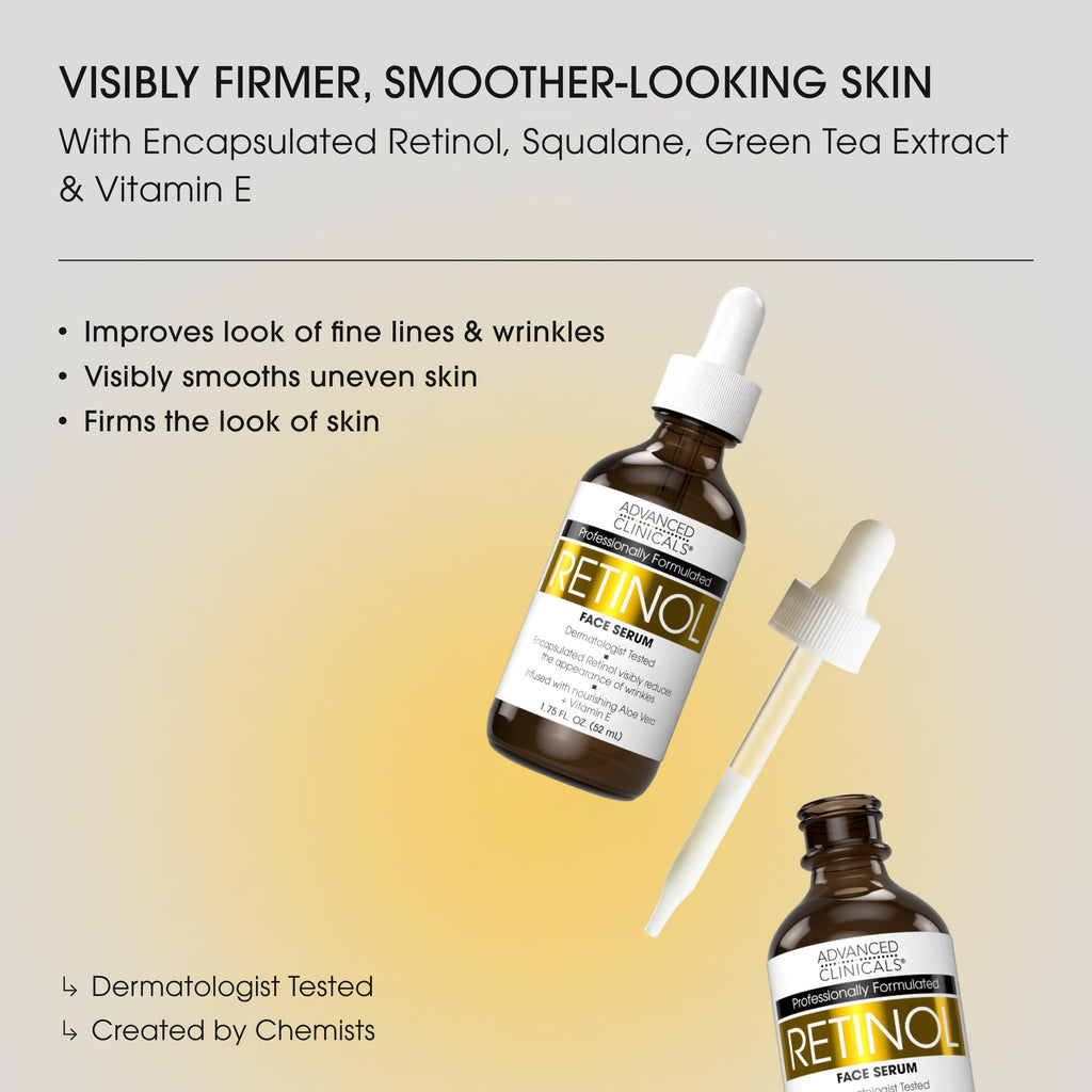 Advanced Clinicals Retinol Serum For Face | Visible Anti Aging Retinol Serum Skin Care Face Moisturizer With Vitamin E Helps Improve Look Of Wrinkles, Fine Lines, & Uneven Skin Tone, 2-Pack