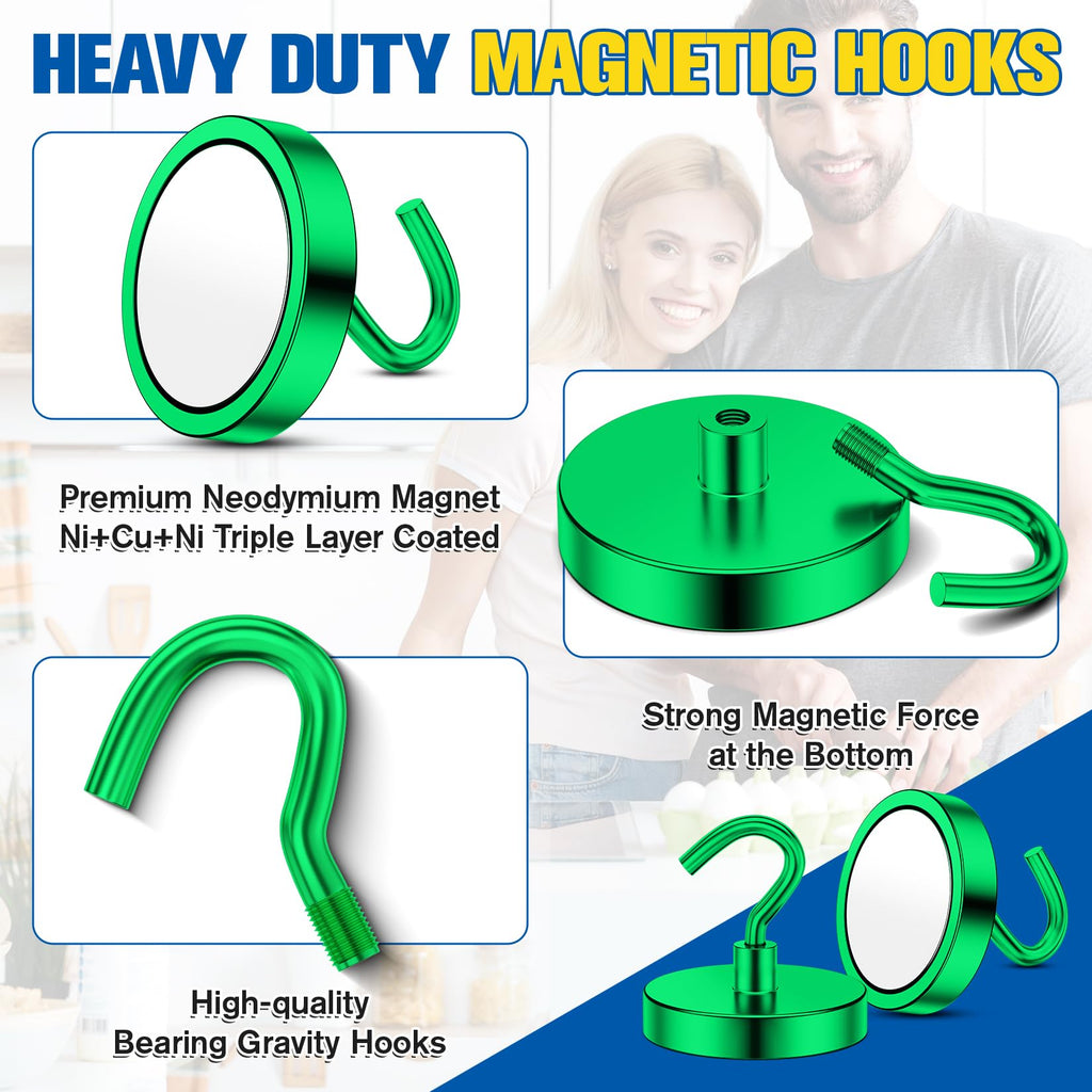 Grtard 2 Pack Magnetic Hooks Heavy Duty, 120LBS Neodymium Magnet Hooks for Cruise Cabin, Strong Magnetic Hooks for Hanging, Magnets with Hooks for Home, Kitchen, Workplace, Bathroom(Green)
