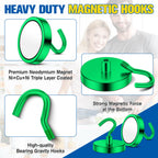 Grtard 2 Pack Magnetic Hooks Heavy Duty, 120LBS Neodymium Magnet Hooks for Cruise Cabin, Strong Magnetic Hooks for Hanging, Magnets with Hooks for Home, Kitchen, Workplace, Bathroom(Green)