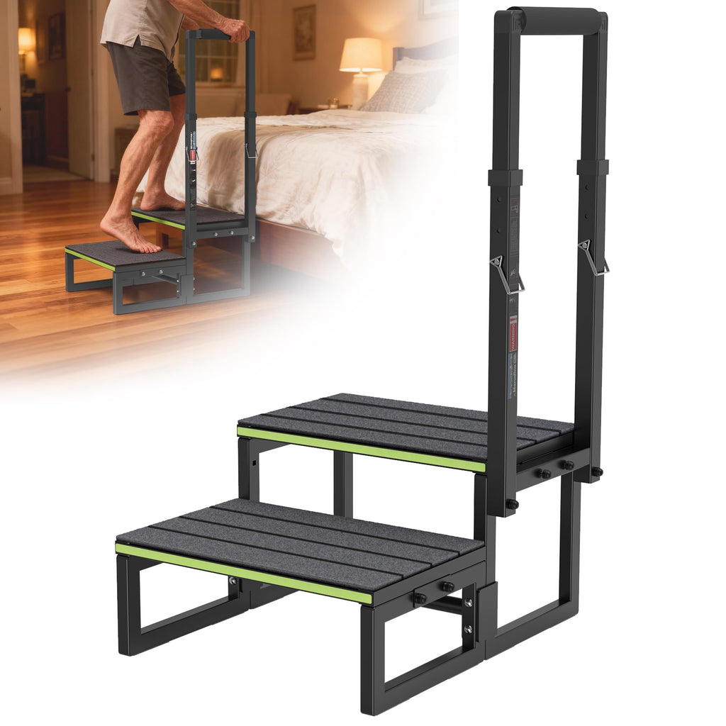2 Step Stool with Handle for Elderly,Bed Steps for High Beds for Adults,Seniors,Heavy Duty Step Stool with Adjustable Handrail/Removable Cover/Glow Strip for Bathtub,Kitchen,RV