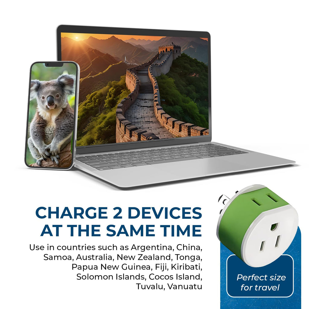 OREI Australia, New Zealand, China Power Plug Adapter with 2 USA Inputs - Travel 3 Pack - Type I (US-16) Safe Grounded Use with Cell Phones, Laptop, Camera Chargers, CPAP, and More