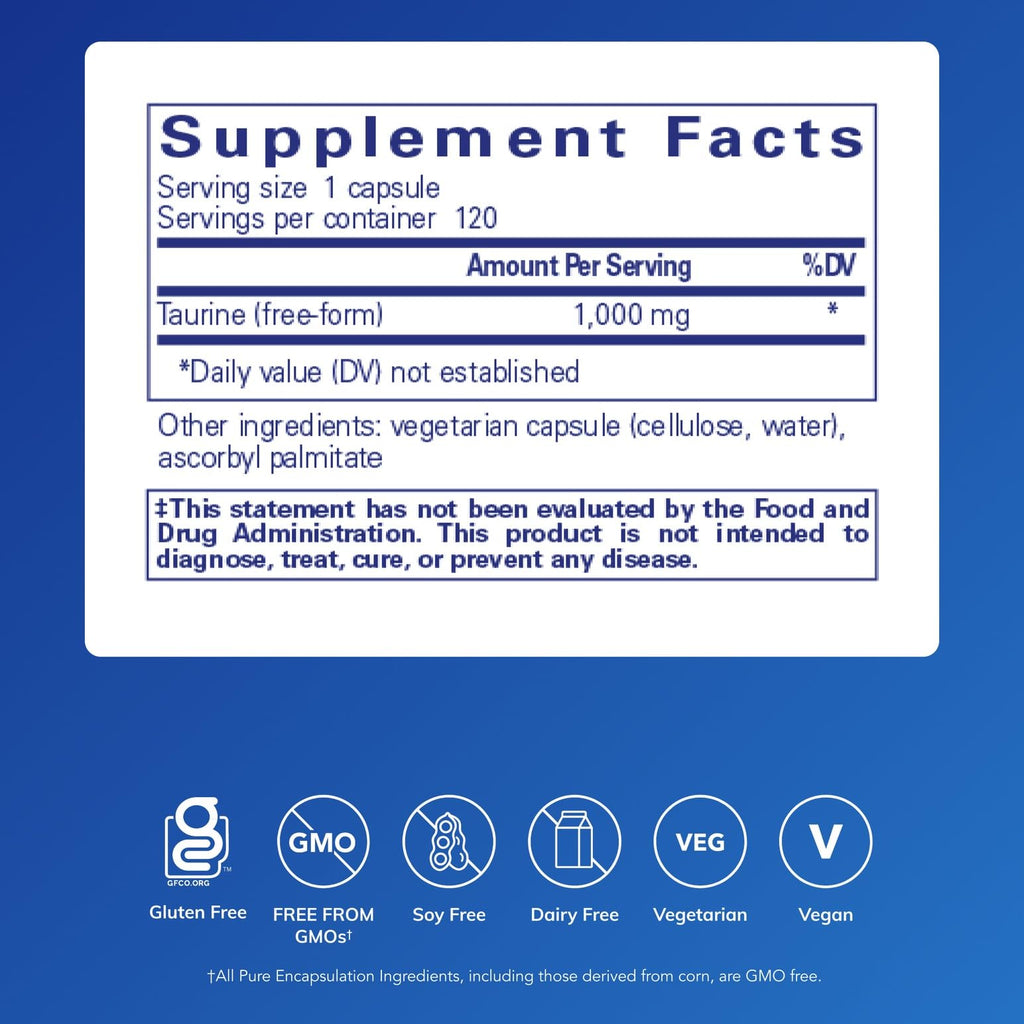 Pure Encapsulations Taurine 1,000 mg - Supports Heart Health & Detox - Essential Amino Acid - Liver & Gallbladder Health* - Vegan & Gluten Free - 120 Capsules