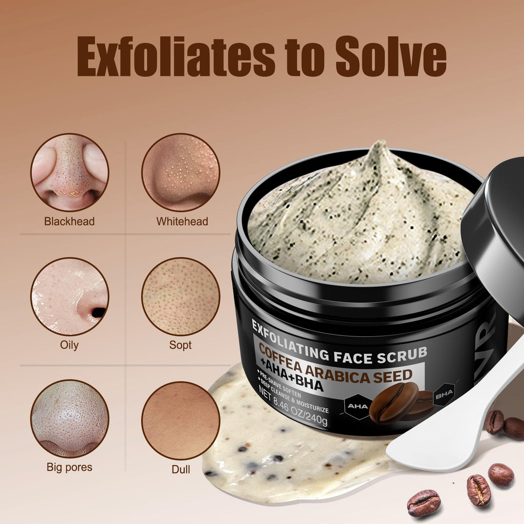 JVR Face Scrub for Men, Facial Scrub for Deep Exfoliating, Cleansing Blackheads, Ingrown Hair, Pre-shave Soften, Organic Formulated with Coffee Extract, AHA and BHA Face Exfoliator (8.46 oz)