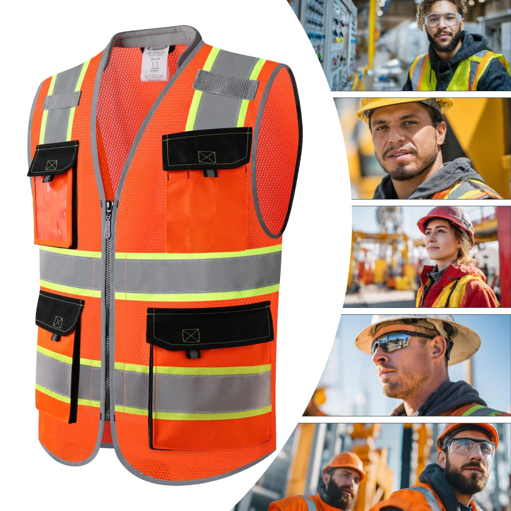 JKSafety Safety Vest for Men Women Hi Vis with Pockets and Cushioned Collar Reflective High Visibility Vest Class 2 Meet ANSI Standard Orange Color Extended Yellow Strips (BX360-Orange M) 1 Piece