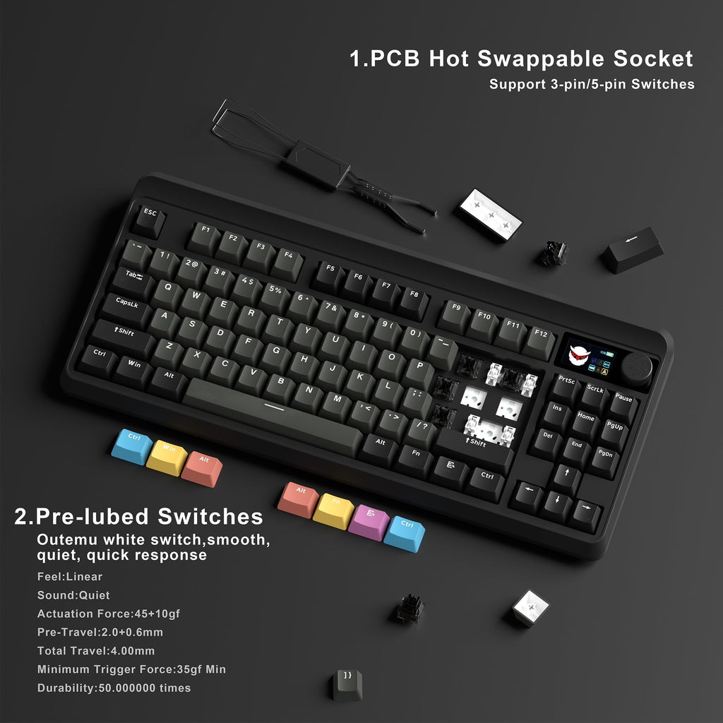 HITIME XVX Retro 75% Gaming Keyboard with TFT Smart Display&Knob, M87 Pro Bluetooth/2.4G/USB-C Wireless Mechanical Key Board