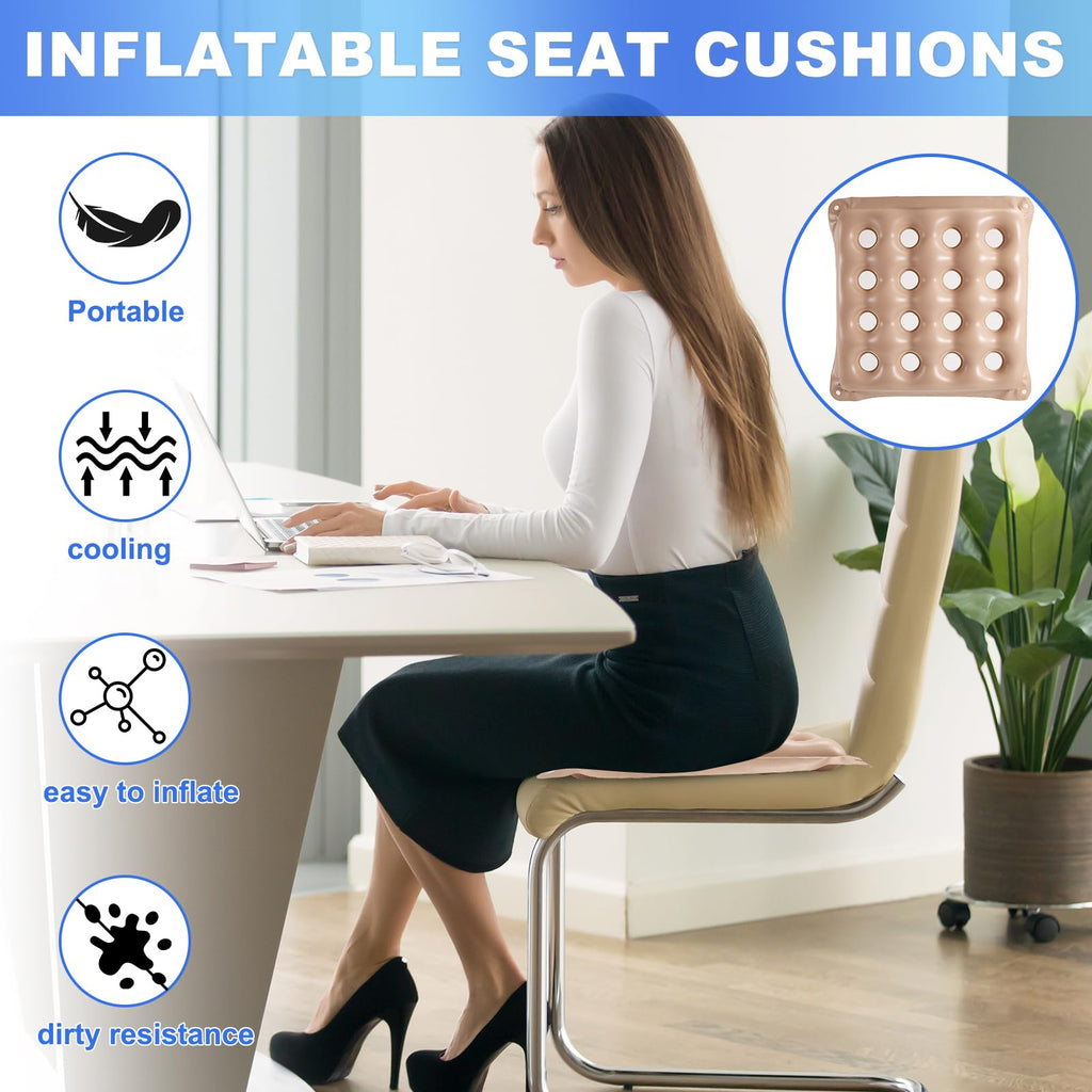 2-Pack Waffle Inflatable Seat Cushions with Pump, 18 Inch Beige 16-Hole Air Cushion for Pressure Relief, Wheelchair, Office Chair, Car Seat & Travel (Beige)