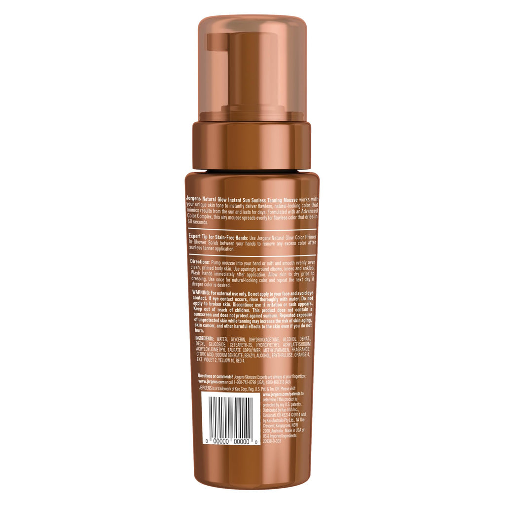 Jergens Natural Glow Instant Sun Body Mousse, Self Tanner for Deep Bronze Tan, Sunless Tanning Body Bronzer for Natural Looking Color Instantly, 6 Oz, Pack of 2