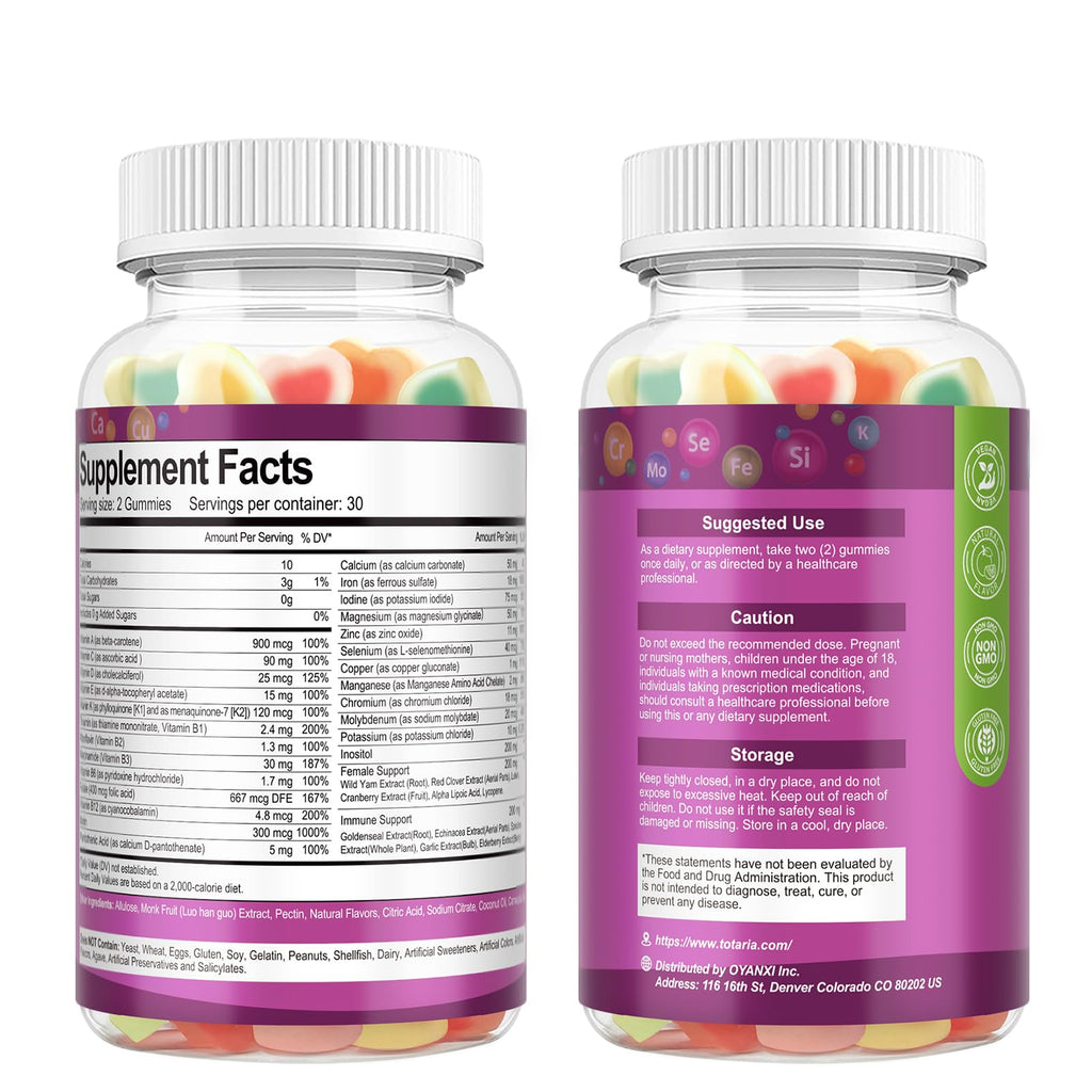 (2 Pcs) Totaria Sugar Free Multivitamin Gummies for Women 14+ w/Iron, Inositol, Folate, Biotin, Womens Daily Multivitamin Gummy w/Vitamin A, C, B, D3, K2, for Hair, Skin, Energy, Immune, Mixed Flavors