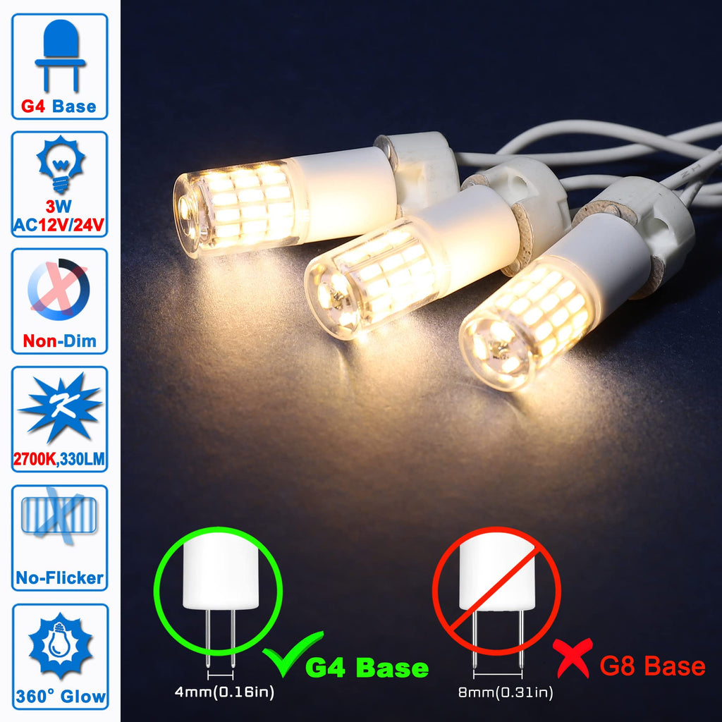 Ziomitus G4 3W LED Landscape Light Bulbs 12V-24V Warm White 2700K,G4 20 Watt 25W 30W T3 Halogen Replacement,Low Voltage T3 JC Bi-pin Bulb for RV Boat Yacht Courtyard Path,No Flicker,330 LM(10Pack)