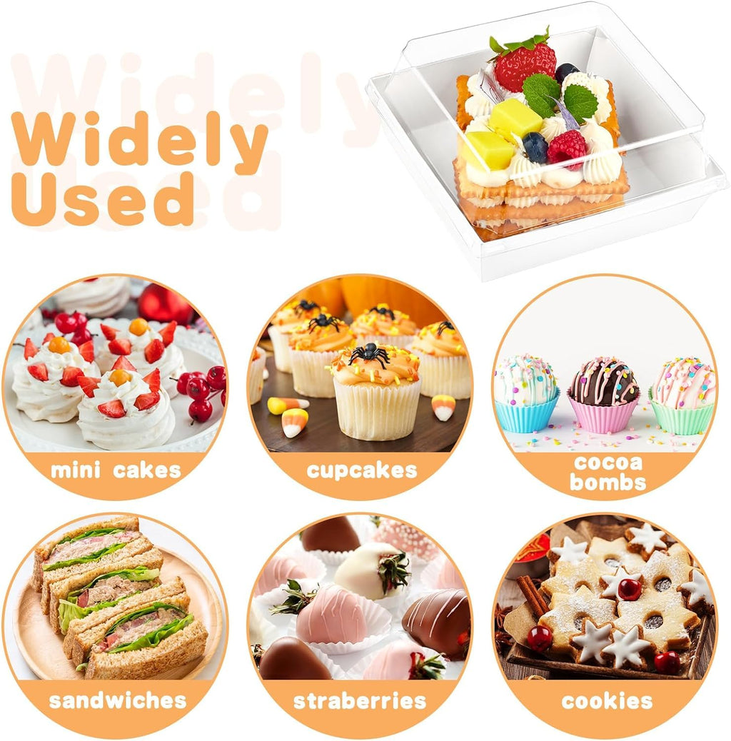 Kucoele 50 Pack Small Charcuterie Boxes with Clear Lids, 4 Inches Paper Bakery Boxes Dessert Boxes Disposable To Go Food Containers for Cookie, Cake Slice, Mini Cake, Chocolate Strawberry (White)