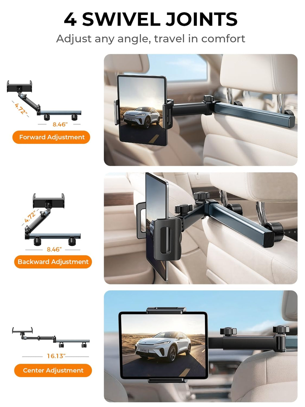 LISEN iPad Holder for Car Tablet Mount, 4 in 1 Adjust Arm Back Seat Stand