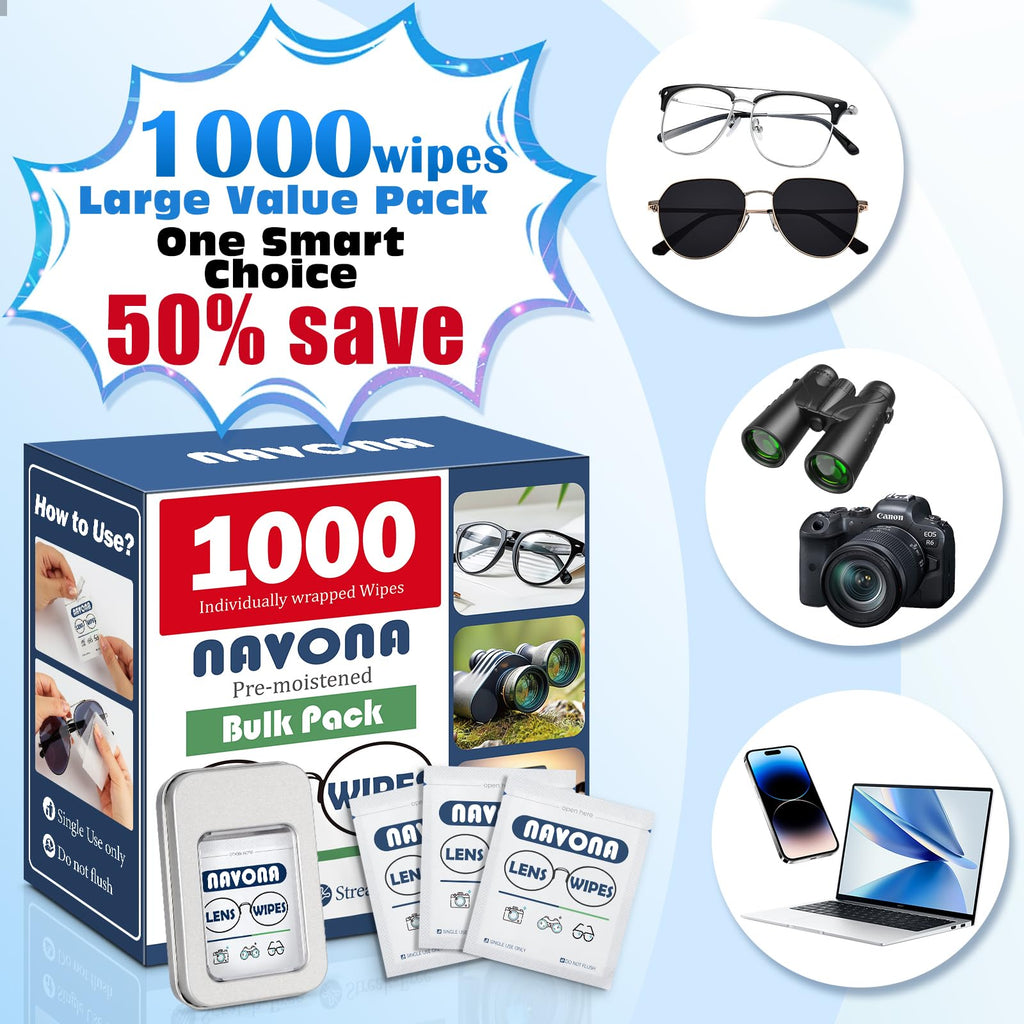 Navona Pre Moistened Lens Wipes for Eyeglasses - 1000 Count Individually Glasses Cleaner Wipes,No Scratch,No Streak Eyeglass Cleaning Wipes for Screen,Phone,Laptop,Sunglasses