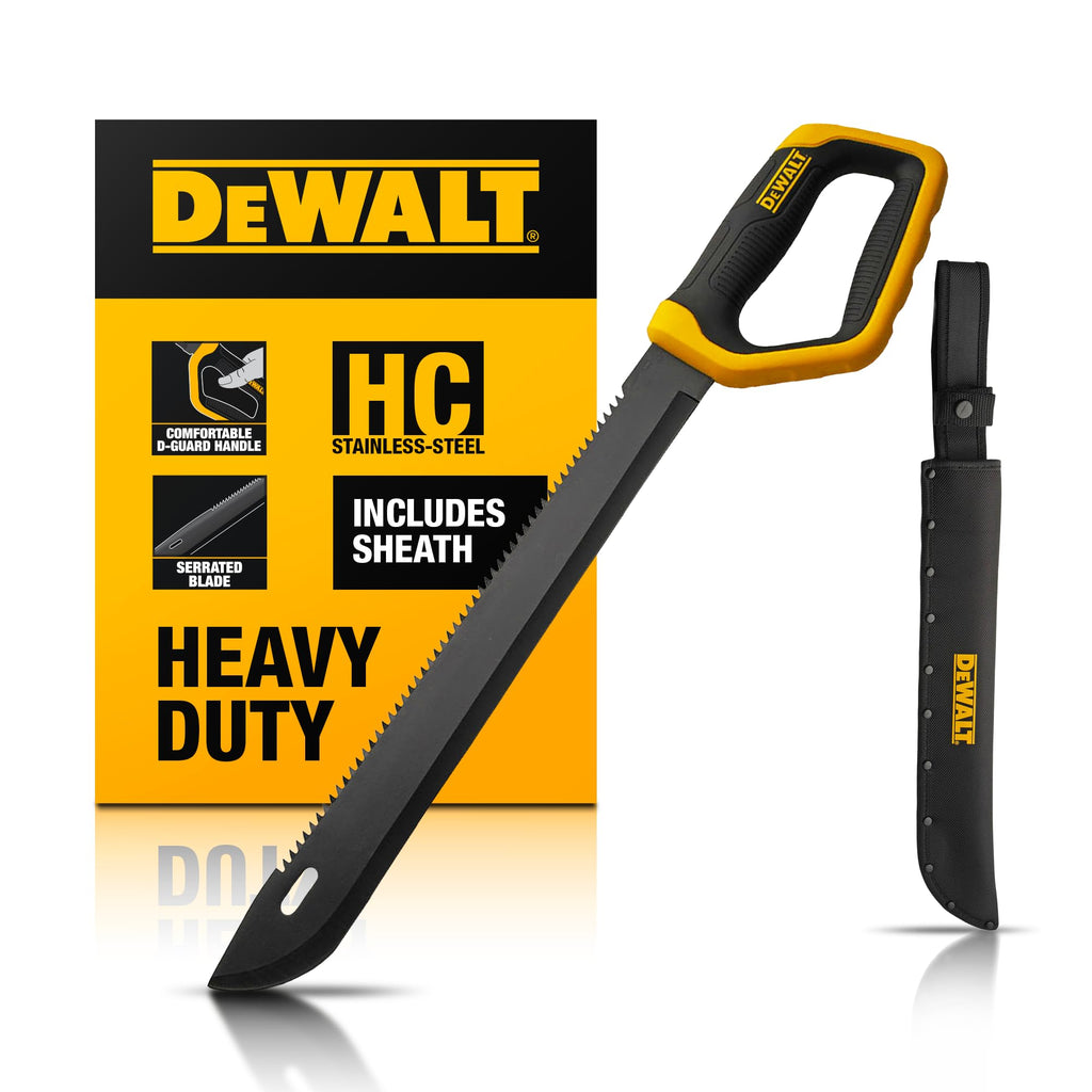 DEWALT 21 Inch MA61 D-Guard Machete - Full Tang Stainless Steel Blade with Saw Back & Protective D-Guard Non-Slip TPR Handle with Nylon Sheath for Brush Clearing, Yard Work, Camping and Outdoor Use