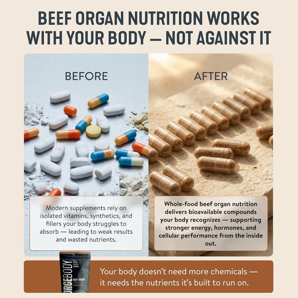 FORGEBODY Beef Organ Capsules 100% Grass Fed Beef Organ Complex Supplement with Blend of Liver, Heart, Bone Marrow, Pancreas & Testicles - Supports Body Health & Brain Function [3 Months]