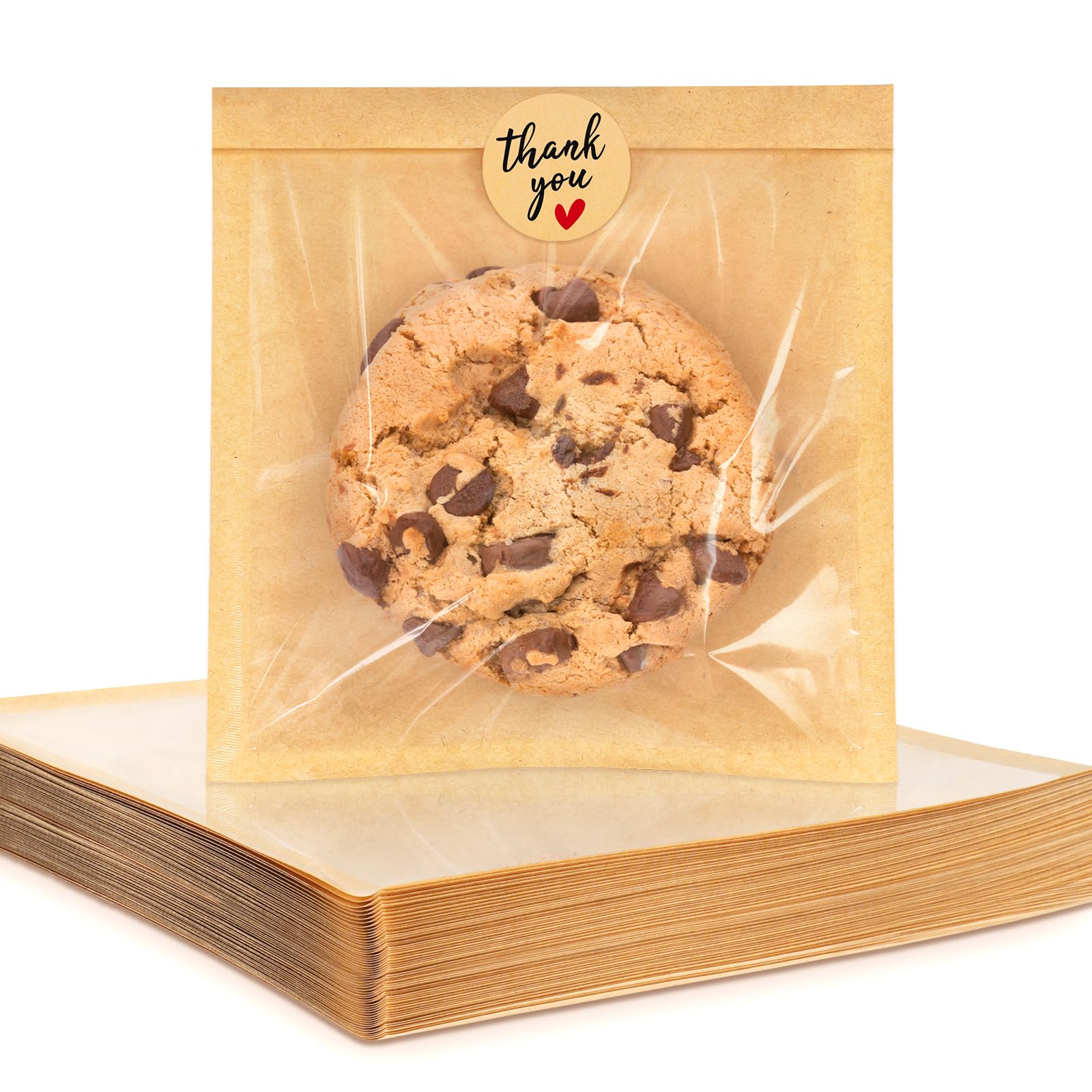Foranda 100 Pack Cookie Packaging Bags with Seal, 5.7x6.5 Inch Heat Sealable Paper Cookie Sleeves, Grease Resistant To Go Bakery Bags with Window for Bake Sale Brownie, Treat, Donut, Cake Slice, Scone