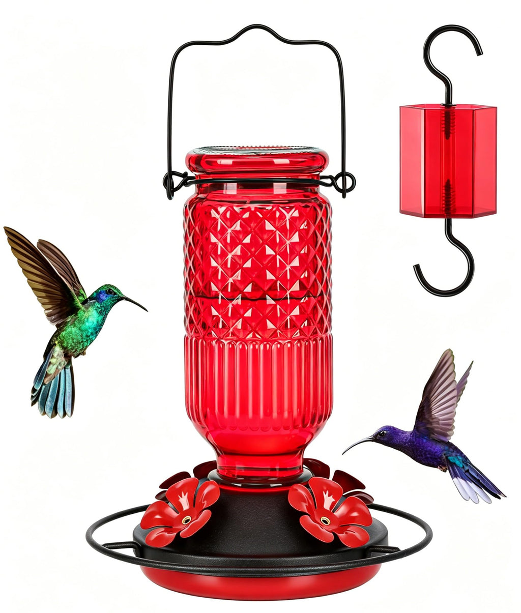 FEED GARDEN Glass Hummingbird Feeder for Outdoors Hanging, 16 OZ Humming Birds Feeders with 4 Bee Guard Feeding Ports & Built-in Ant Moat, Bird Feeder for Outside, Gifts for Women Mom, Red
