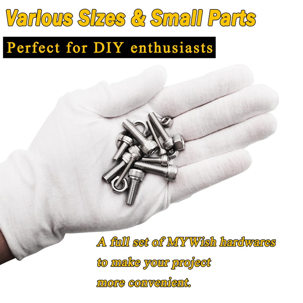 Mywish 900Pcs M3 M4 M5 M6 Metric Screw Assortment, 304 Stainless Steel Nuts and Bolts, Hex Socket Head Cap Metric Bolts/Nuts/Flat Washers Kit Anti Rust 16 Sizes 8mm to 20mm, Hex Wrenches