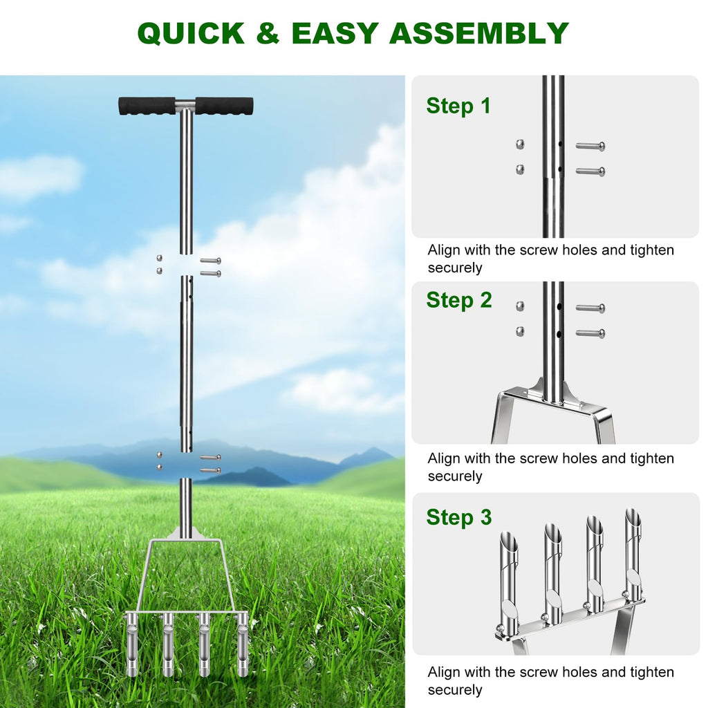 Qdreclod Core Aerator Lawn Tool Manual Lawn Aerator Tool with 4 Hollow Tines Non-Clogging Heavy Duty Plug Aerator for Soil Loosening Lawn Aeration, Revives Lawn Health,Garden Tool