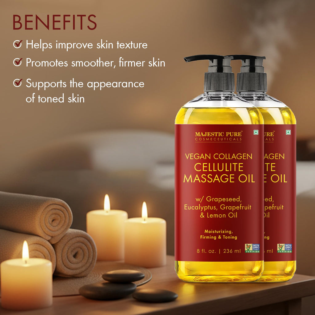 Majestic Pure Cellulite Massage Oil for Massage Therapy- Refreshing and Relaxing- Natural Oils with Grapeseed, Eucalyptus & Lemon Oil- All Skin Types- Men and Women Massage Lotion- 8 fl oz (Pack of 2)