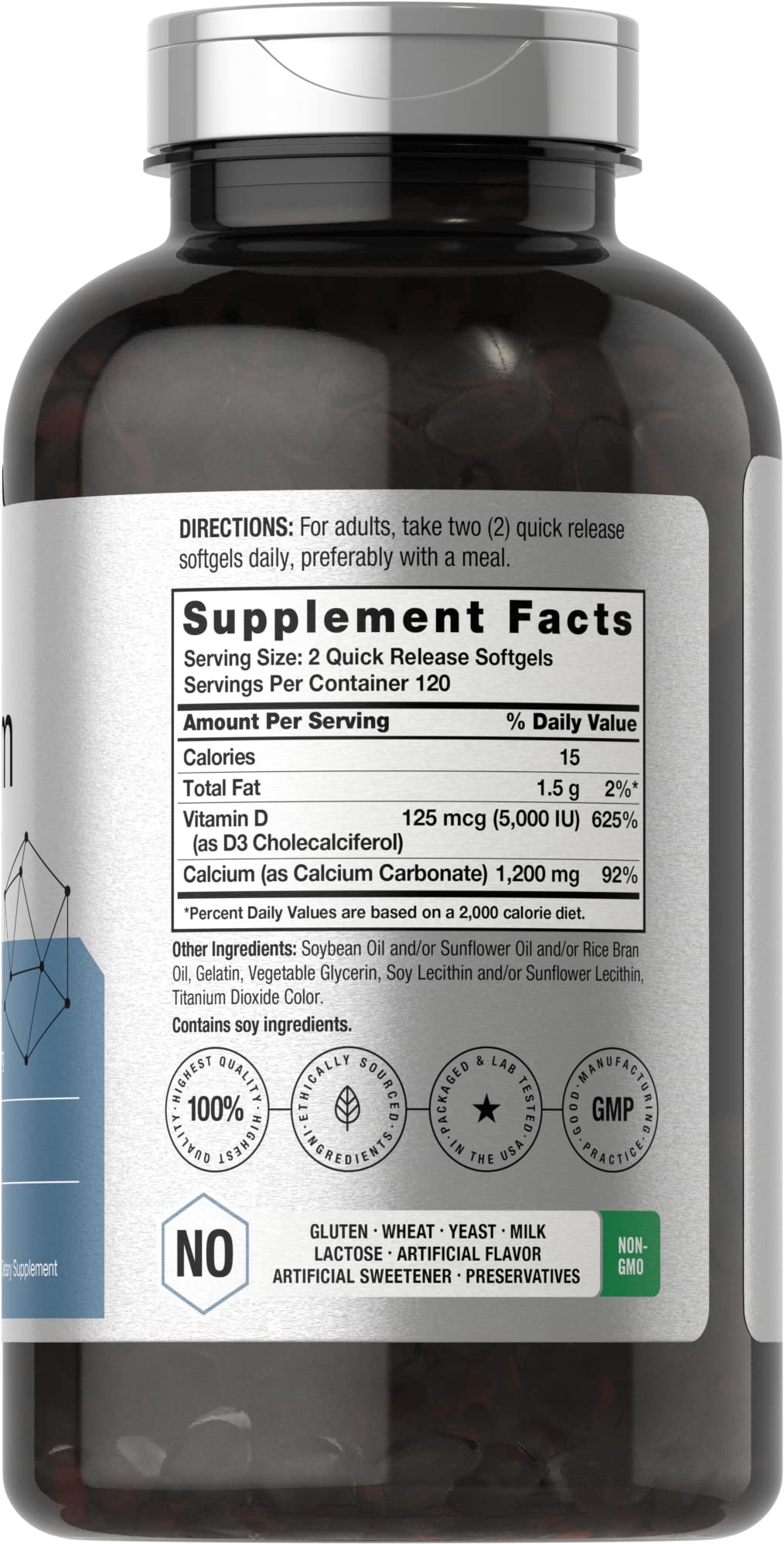 Horbäach Calcium 1200 mg with Vitamin D3 | 240 Softgels | 5000 IU Vitamin D3 | Absorbable Calcium Supplement for Women and Men | Non-GMO, Gluten Free