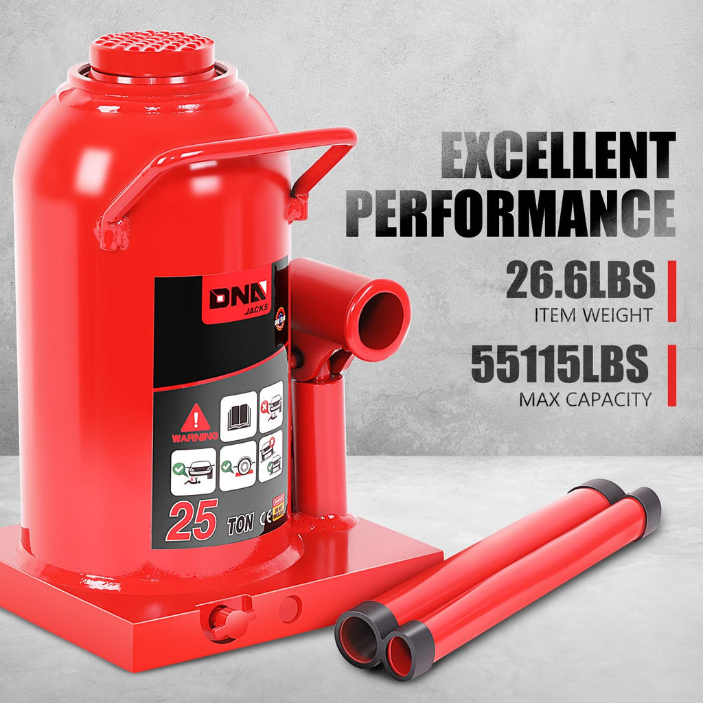DNA Motoring 25 tons / 55115.5 lbs Lifting Automotive Welded Hydraulic Bottle Jack for Repair Vehicle, Pickup, Truck, w/Manual Handle, Red,TOOLS-00363