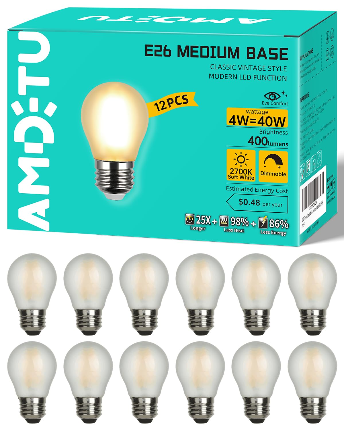 AMDTU Vintage E26 LED Edison Bulb 40W Small Globe 2700K Soft White Frosted Dimmable 40 Watt Warm G45 Medium Standard Base Bulbs Ideal for Home Lighting Fixtures Create Cozy Ambiance in Bedrooms