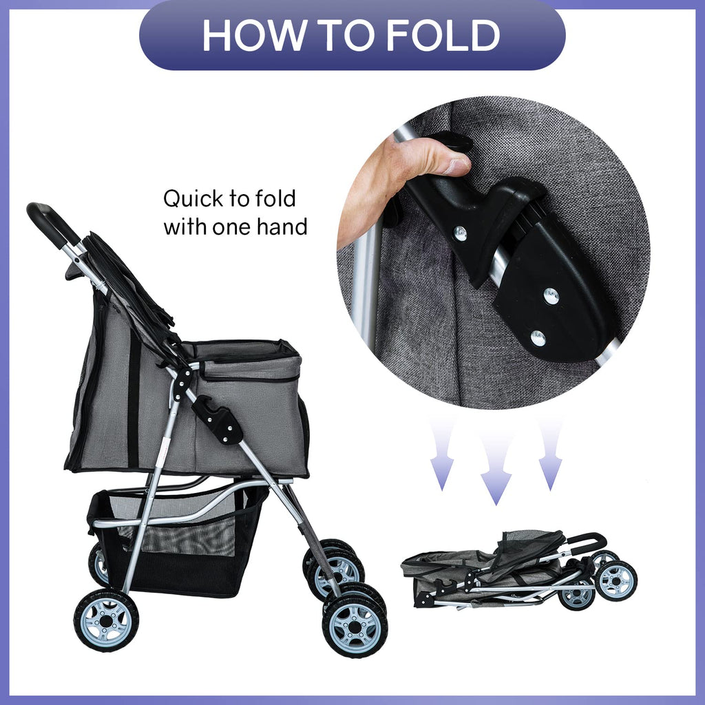 BestPet 4Wheels Pet Dog Stroller for Folding Lightweight Cat Travel Stroller with Cup Holder,Grey