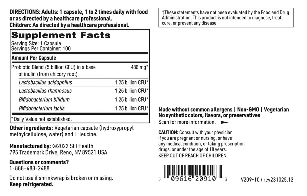 Klaire Labs SFI Health Vital-Plex Probiotic - Helps Rebalance GI Microbiota for Men & Women, 5 Billion CFU Hypoallergenic & Dairy-Free Bifidobacterium & Lactobacillus Blend (100 Capsules, 2 Pack)