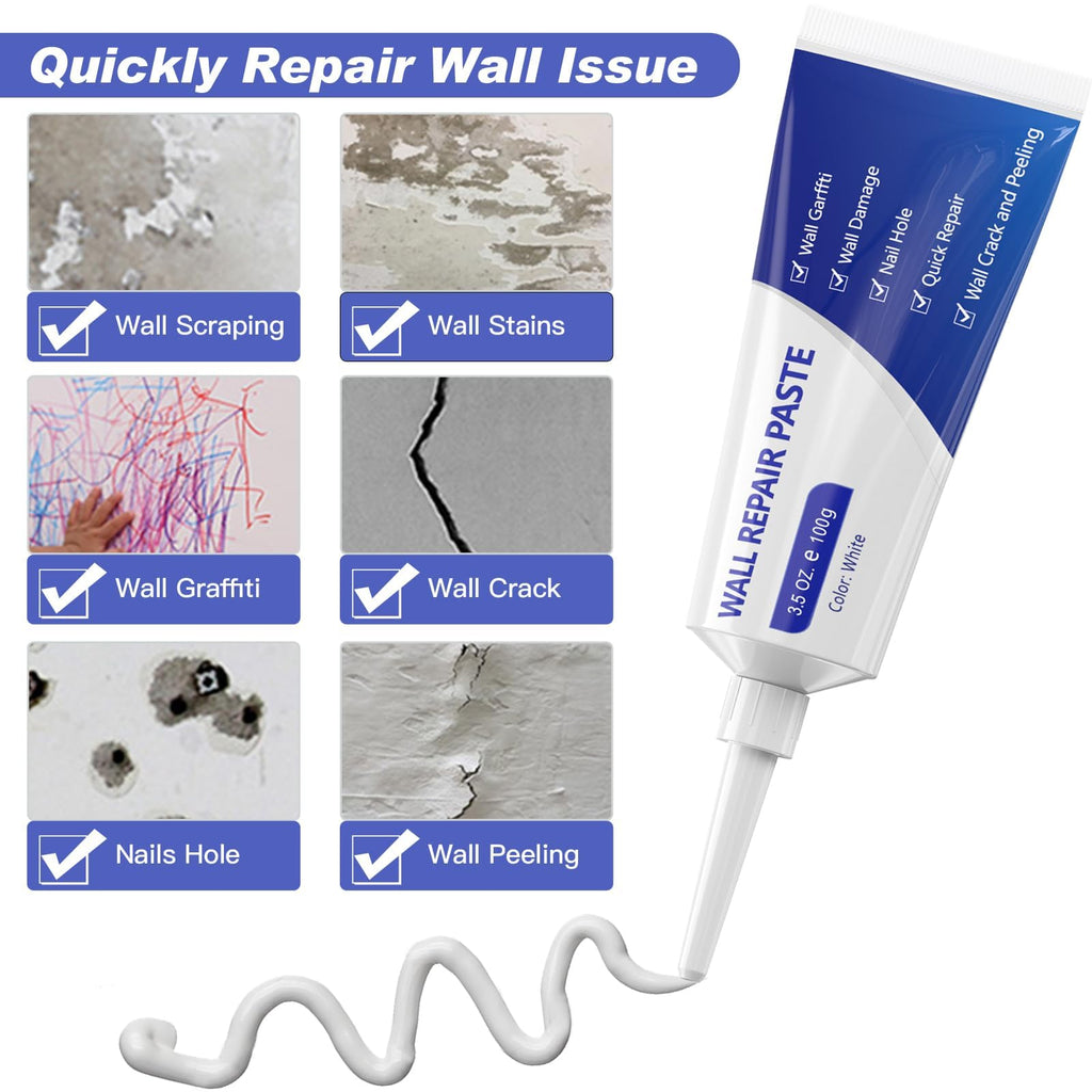 SEISSO Drywall Repair Kit, Wall Mending Agent*3(100g), Wall Patch*4, Scraper and Sandpaper*2, Wall Repair Paste Kit for Wall Cracks, Graffiti, Whitewall Hole Filler and Plaster Dent Repair