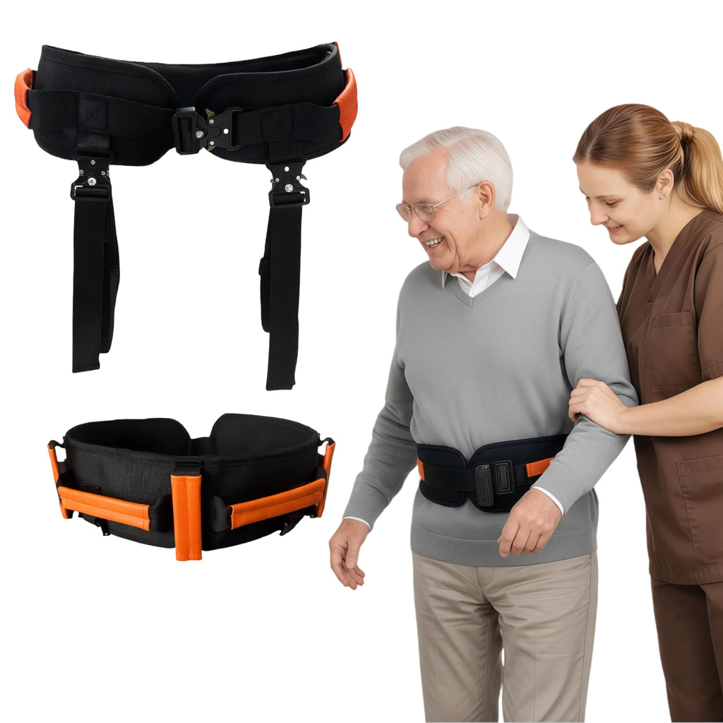 NurtureCare Gait Belt, Upgraded with Metal Buckle & Detachable Leg Straps, 7 Reinforced Handles, Transfer & Lift Belt for Seniors & Elderly, Walking Support and Mobility Assistance (Orange, Medium)