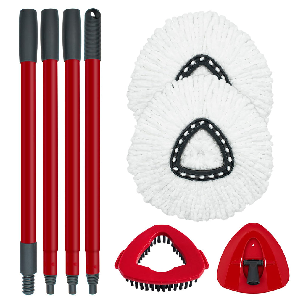 Spin Mop Replace Head, Base, Mop Handle Replacement for OCedar EasyWring 1 Tank System, Include 2 Microfiber Mop Head Replacement, 1 Sturdy Iron 30-58" Mop Handle, 1 Scrubber Head, 1 Spin Base