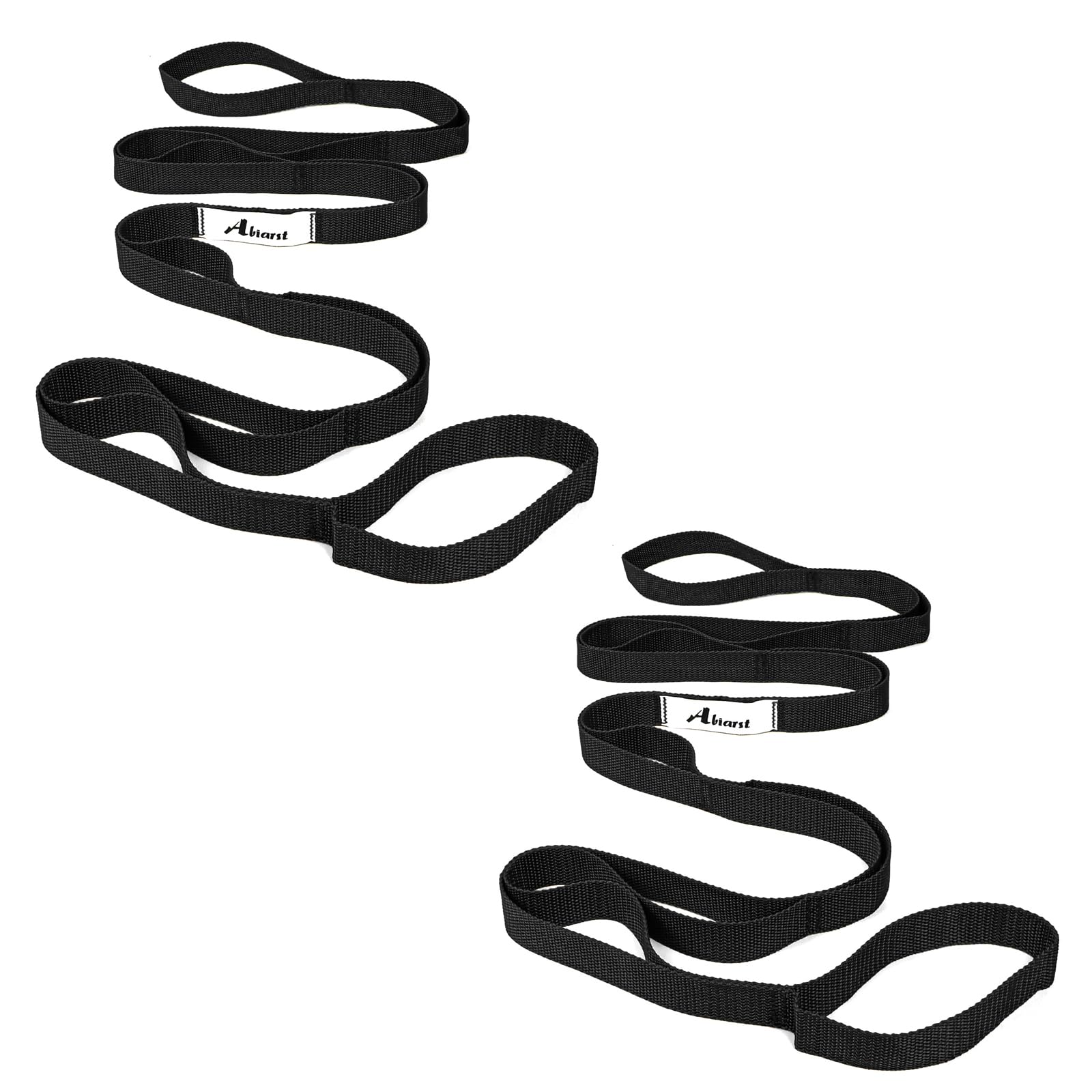 Abiarst Stretching Strap Yoga Straps for Physical Therapy, 10 Loops Non-Elastic Stretch Band for Pilates, Flexibility, Exercise and Gymnastics (2-Pack (Black+Back))