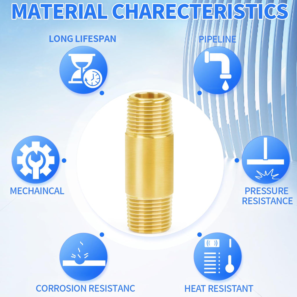 ChillWaves Brass Pipe Fitting, Long Nipple Pipe 3/4" NPT Male x 3/4" NPT Male Thread 2" Length(50MM)(2-PACK)