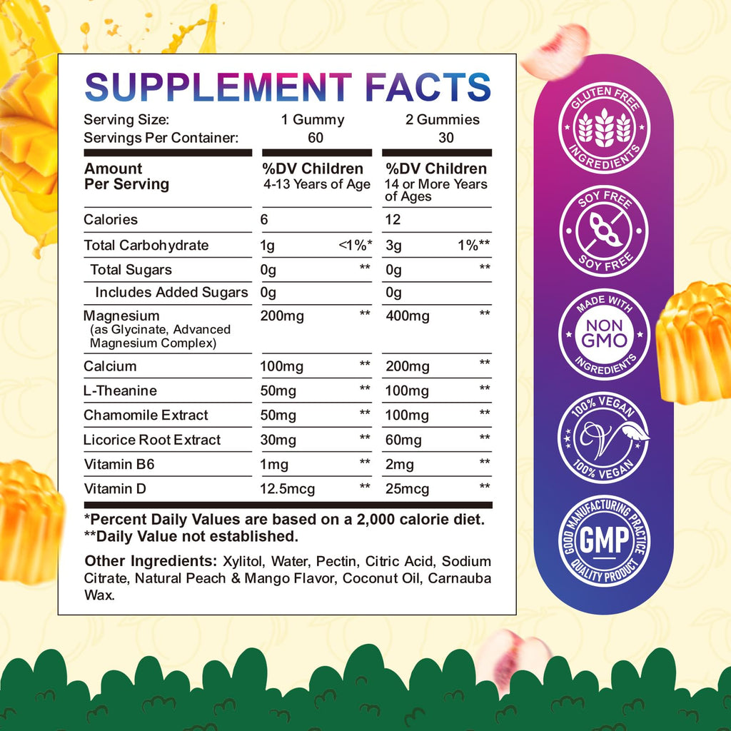 Center-Filled Kids Magnesium Gummies - Magnesium Glycinate Gummies for Kids Adults with L-Theanine, Chamomile, Licorice, Vitamin D, B6 for Sleep, Relaxation, Brain & Muscle - Sugar Free Peach & Mango