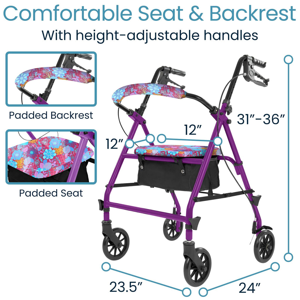 Vive Mobility Steel Rollator Walker with Seat - Foldable, Narrow, Rolling Senior Walker for Small Spaces - 4 Wheel Lightweight Adult Easy Drive with Underseat Storage, Adjustable Height (Black)