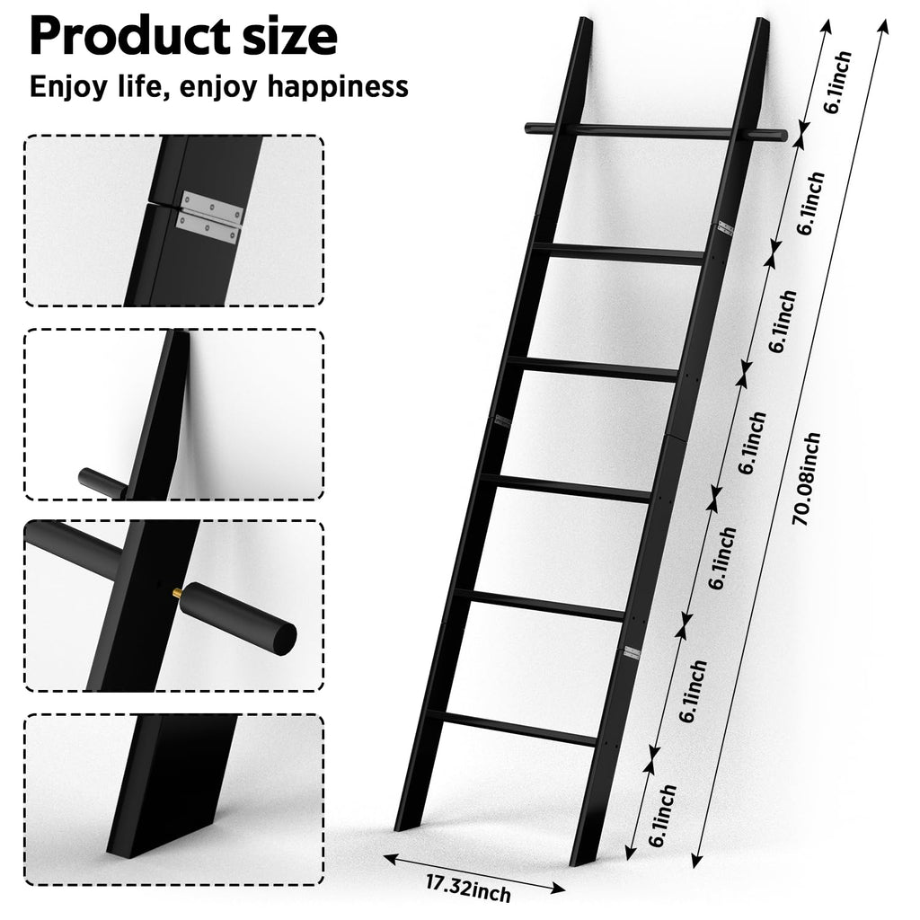 chilinii Farmhouse Wooden Blanket Ladder with Removable Hooks, 6-Tier Rustic Blanket Rack Decorative Stand, Leaning Towel Quilt Display Holder Storage for Bathroom Living Room Decor Black
