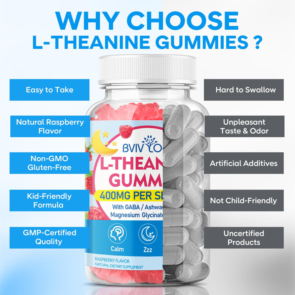 BVIVLOO L-Theanine Gummies with L-Theanine 400 mg, Ashwagandha, GABA, 5-HTP, Magnesium Glycinate for Calm, ZZZ & Relaxation Support - Vegan, Raspberry Flavor, 120 Count