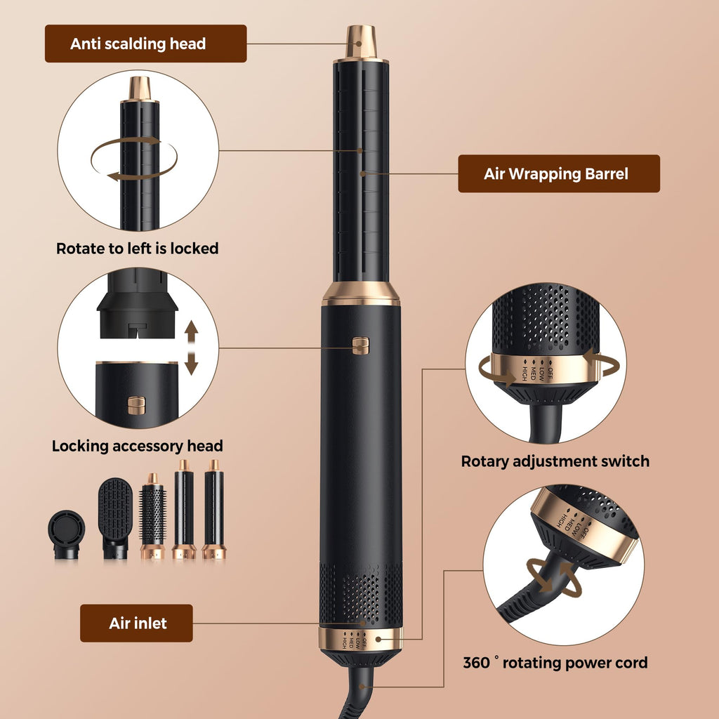 5 in 1 Blow Dryer Brush, Upgrade Hair Dryer Brush Air Curler Air Curling Wrap Styler, Detachable Hot Air Brush Negative Ion Curling Brush Iron, Hair Styling Tools for Drying Curling Straightening