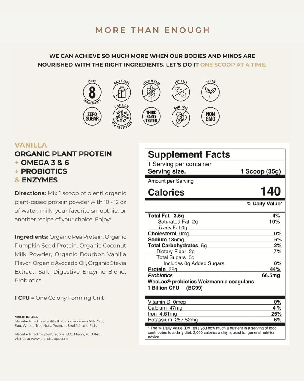 plenti Organic Plant-Based Protein Powder: Vanilla - 20g Pea Protein + Probiotics, Digestive Enzymes & Omega 3-6, Gut Friendly, Sugar Free, 27 Servings (2 lbs)