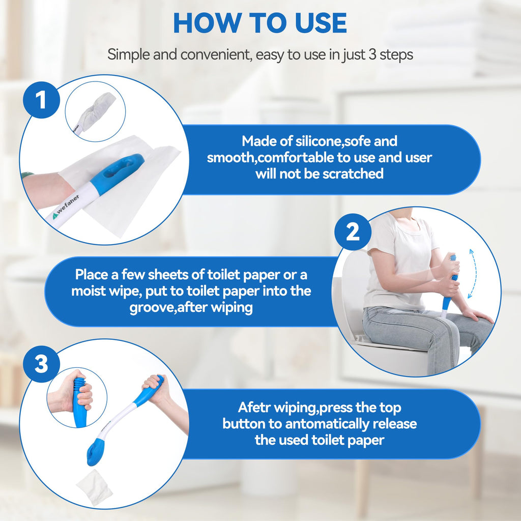 Wefaner Toilet Aids Set for Wiping - Long Handle Butt Wiper, Anti-Slip Curved Handle Bath Body Brush and Curve Hair Brush for People Overweight, Elderly and Disabled People（3PCS Personal Hygiene Kit)