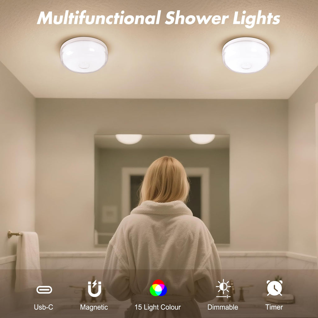2-Pack Rechargeable Shower Light No Wiring, 15 RGBW Color Changeable Waterproof Lights for Shower with Remote(Dimmable＆Timer), LED Light for Inside Shower, Wireless Mood Lighting for Bathroom, White
