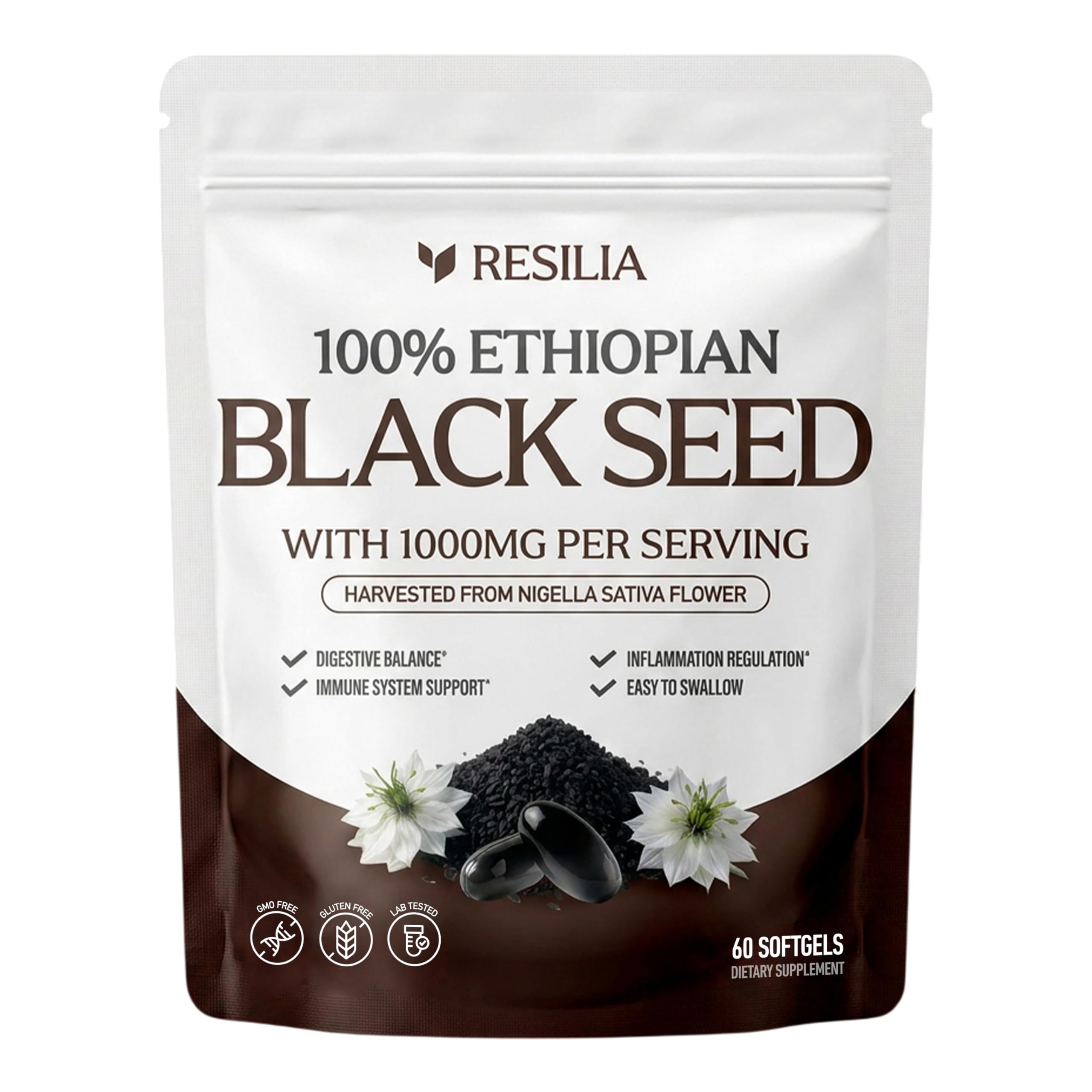 Resilia Ethiopian Black Seed Softgels 1000mg Per Serving – Premium Nigella Sativa Seed Oil Supplement – Digestive & Immune Support Formula – Easy to Swallow Soft Capsules (60 Count)