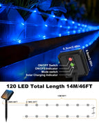 btfarm Solar Rope Lights Outdoor, 120LED 46FT Solar String Lights Outside Waterproof, 8 Lighting Modes Tree Tube Fairy Light Solar Powered for Garden Christmas Yard Party Decorations, Blue