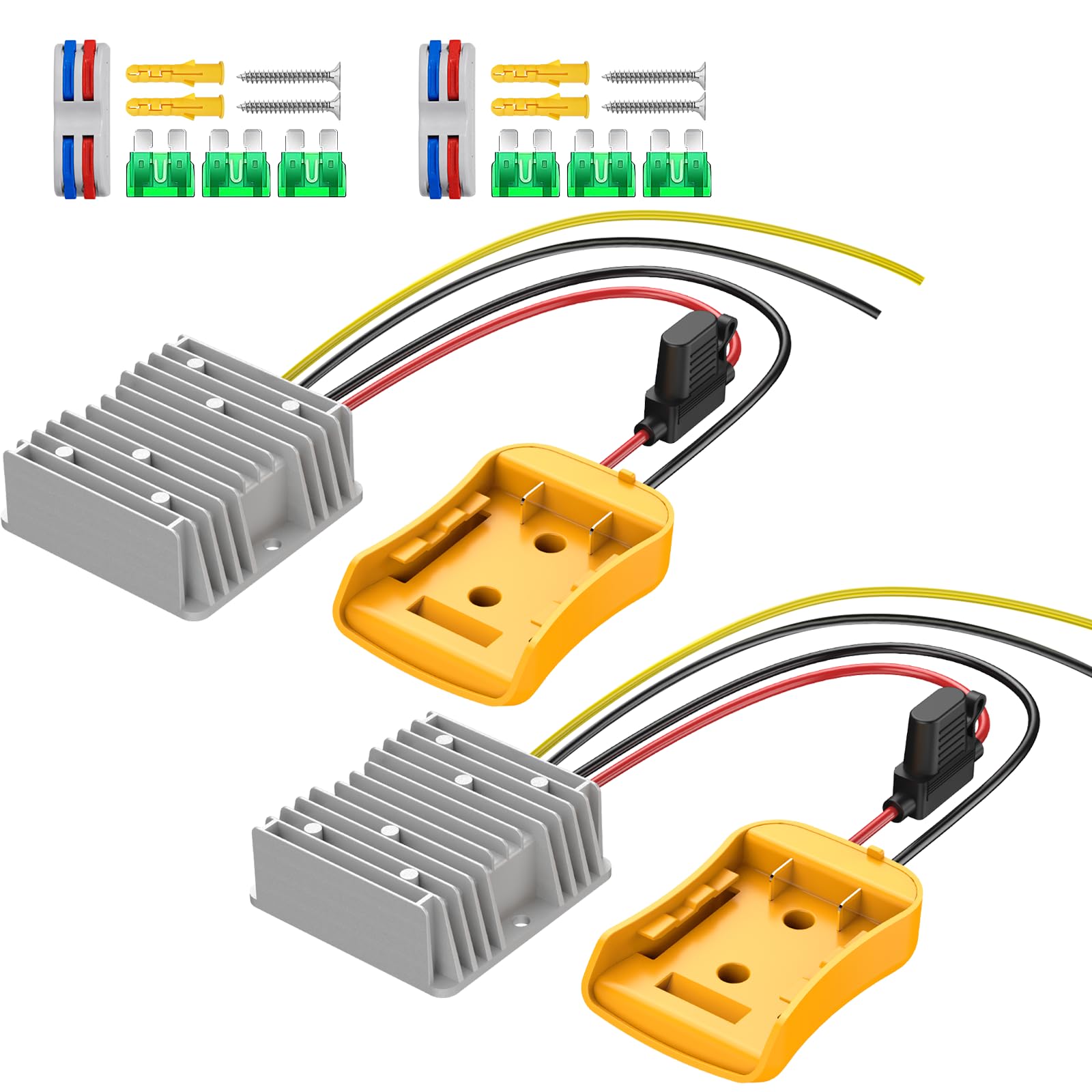 2 Pack 20V to 12V Step Down Converter Compatible with DeWalt 20V Power Wheel Battery Adapter, DC 12V 20A 240W Buck Converter Regulator 30A Fuse & Wire Terminal