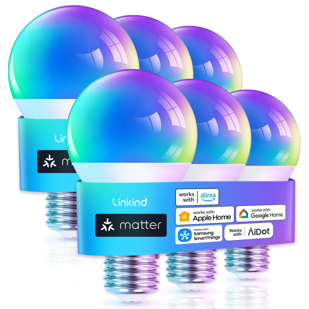 Linkind Matter Smart Light Bulb, WiFi Smart Bulbs, Work with Apple Home, Siri, Alexa, Google, SmartThings, AiDot, RGBTW Color Changing Bulbs Mood Lighting, Music Sync, A19 E26 60W, 2.4Ghz WiFi 6 Pack