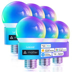 Linkind Matter Smart Light Bulb, WiFi Smart Bulbs, Work with Apple Home, Siri, Alexa, Google, SmartThings, AiDot, RGBTW Color Changing Bulbs Mood Lighting, Music Sync, A19 E26 60W, 2.4Ghz WiFi 6 Pack