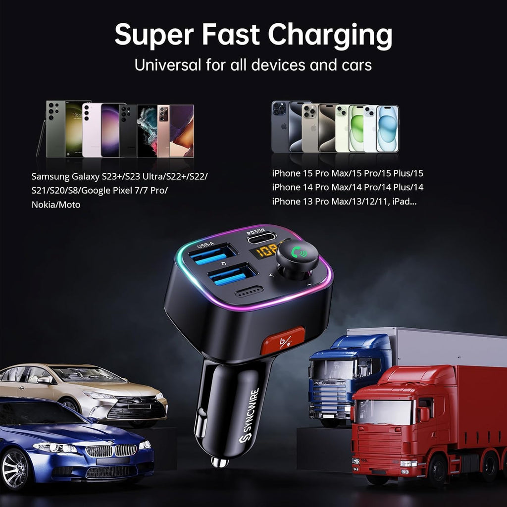 Syncwire Bluetooth 5.4 Car Adapter 48W FM Transmitter for Hands Free Calls