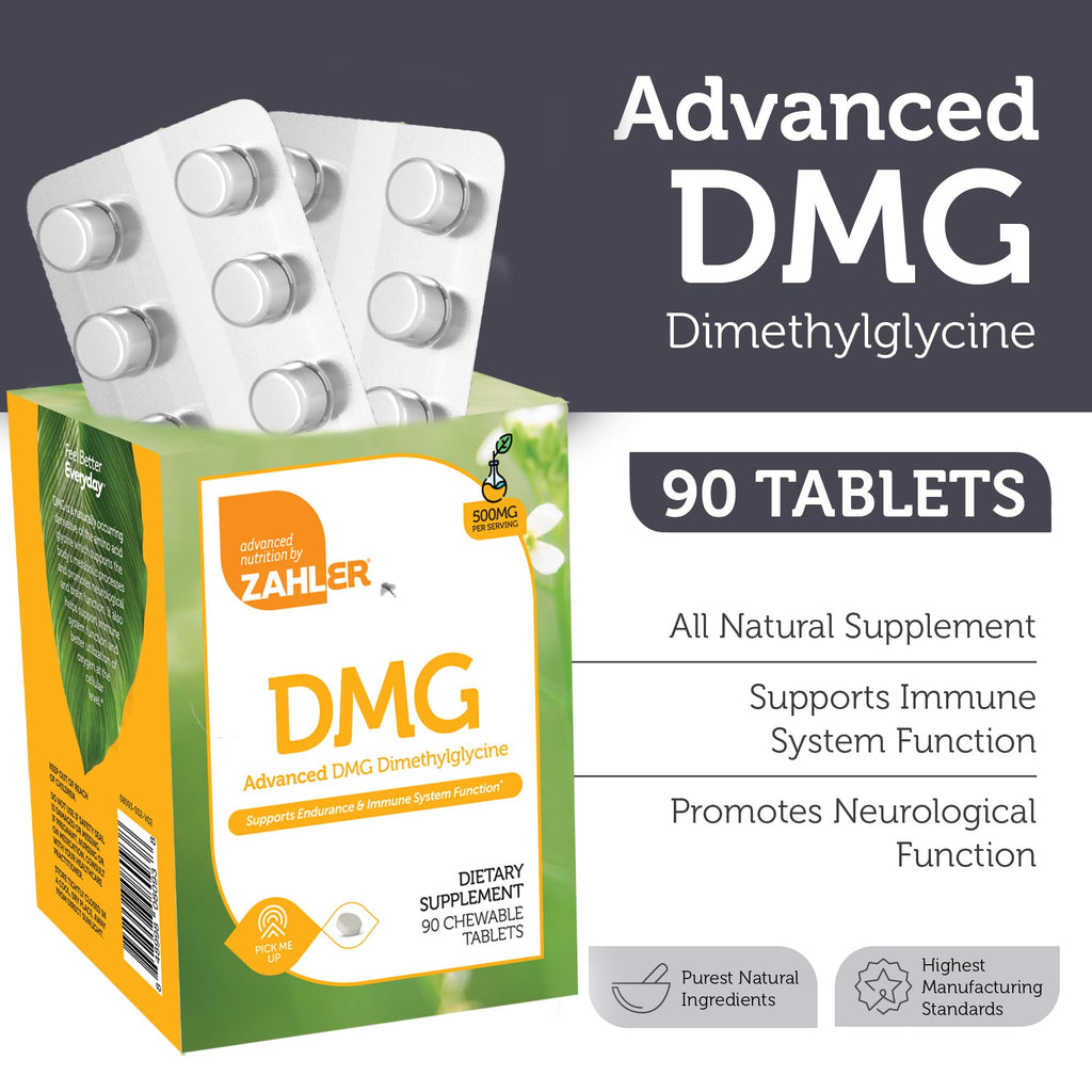 Zahler DMG 500mg - DMG Dimethylglycine Supplement for Endurance & Immune System Support - DMG Supplements with Amino Acid Glycine - Nootropic Brain Supplement - Kosher 1 a Day Tablets 90 Count