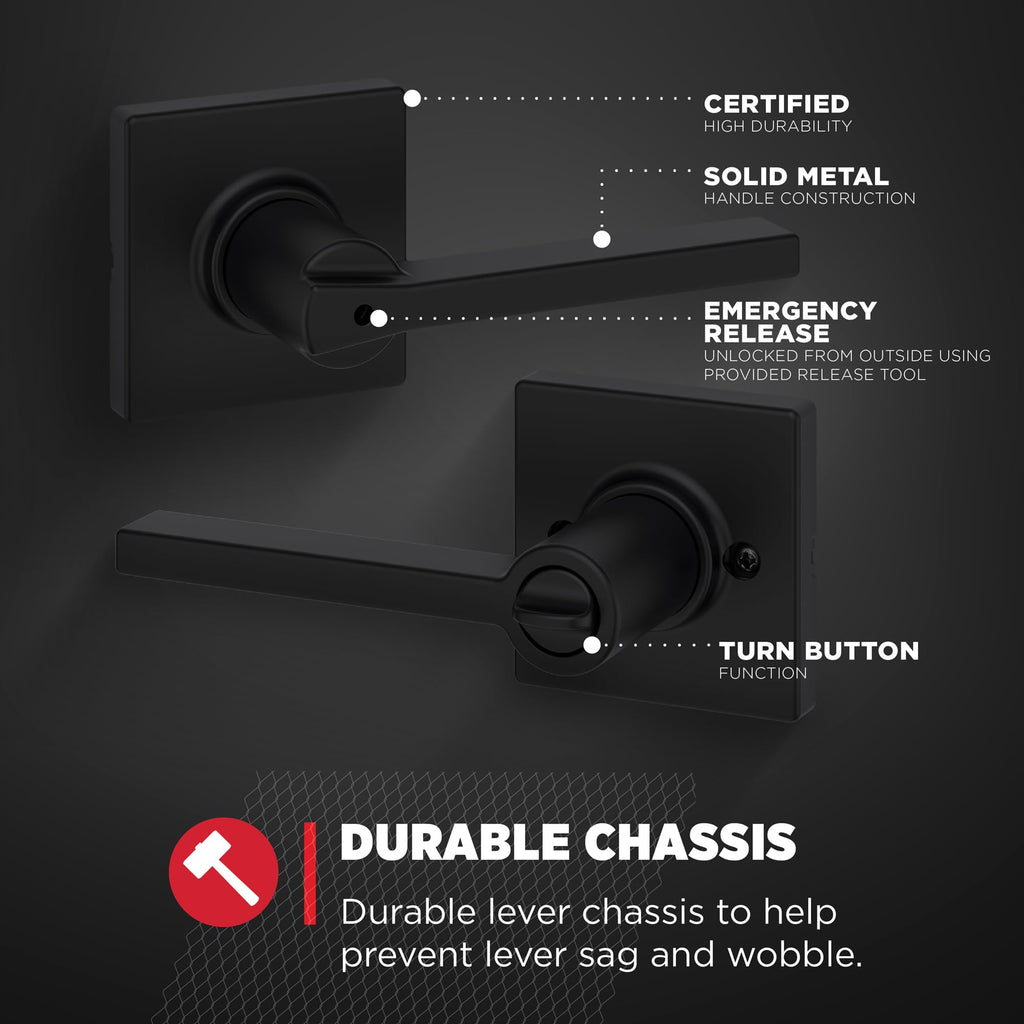 Kwikset Casey Interior Privacy Door Handle with Lock 4 Pack, Door Lever for Bathroom and Bedroom, Matte Black Reversible Keyless Turn Lock, with Microban Protection