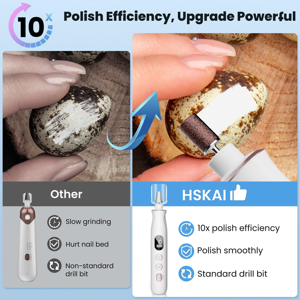 HSKAI Electric Nail File Drill, Cordless Toe Nail Grinder for Thick Toenails & Callus, 10-Speed 2000mAh Rechargeable Nail Filer, Manicure Pedicure Kit with LED Lamp, Gifts for Men Women